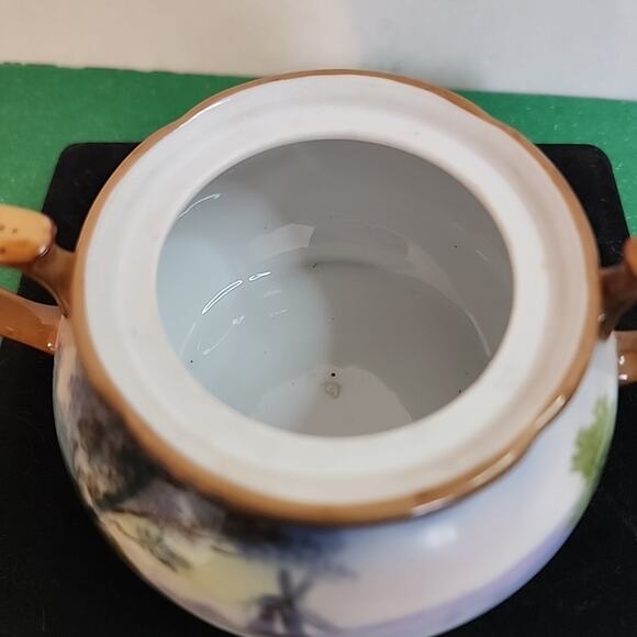 VTG Morimura Noritake Moriage Sugar Bowl Windmill Trees Water Blue White Lid - Picture 9 of 12